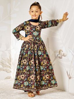 Vastramay - Floral Printed Anarkali Kurta & Churidar with Dupatta - Black