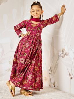 Vastramay - Floral Printed Anarkali Kurta & Churidar with Dupatta - Pink