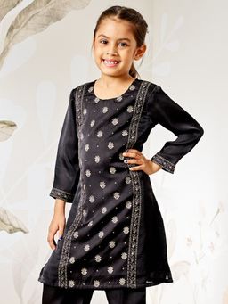 Vastramay - Silk Woven Three Quarter Sleeves Ethnic Motif Foil Printed Kurta - Black