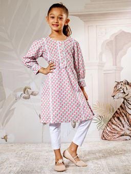 Vastramay - Three Quarter Sleeves Floral Print Kurta with Churidar - Aqua