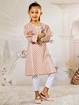 Vastramay - Three Quarter Sleeves Floral Print Kurta with Churidar - Mint Green