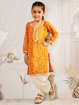 Vastramay - Rayon Woven Three Quarter Bandhani Printed Kurta & Patiala - Mustard