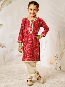 Vastramay - Rayon Woven Three Quarter Bandhani Printed Kurta & Patiala - Red