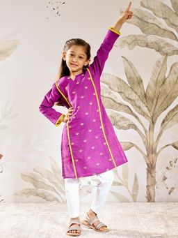Vastramay - Three Quarter Sleeves Embroidered Kurta & Churidar - Purple