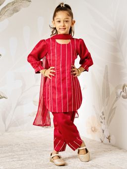 Vastramay - Three Quarter Sleeves Sequin Kurta & Patiala with Dupatta - Maroon