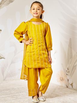 Vastramay - Three Quarter Sleeves Sequin Kurta & Patiala with Dupatta - Mustard