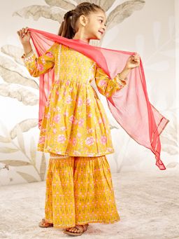 Vastramay - Three Quarter Sleeves Floral Print Kurta & Sharara with Dupatta - Mustard
