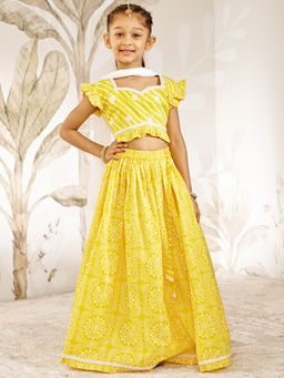 Vastramay - Flared Sleeves Leheriya Bandhani Printed Lehenga Choli & Dupatta - Yellow