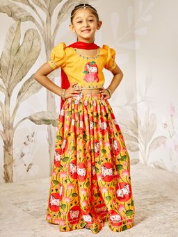 Vastramay - Janmashtami Special Cow & Lotus Printed Lehenga Choli & Dupatta - Mustard