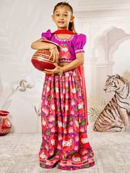 Vastramay - Janmashtami Special Cow & Lotus Printed Lehenga Choli & Dupatta - Purple
