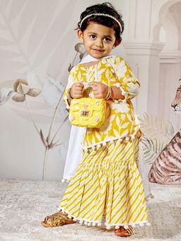 Vastramay - Three Quarter Sleeves Floral Print Kurta & Sharara with Dupatta - Yellow
