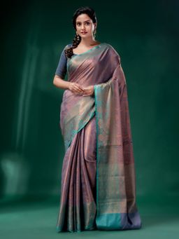 CHARUKRITI - Grey & Copper Blended Silk Brocade Handwoven Soft Saree with Unstitched Blouse