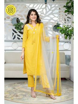 Label Shaurya Sanadhya - Yellow Chanderi Hand Work Kurta Pant With Dupatta (set Of 3)