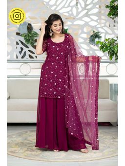 Label Shaurya Sanadhya - Purple Wine Thread Work Kurta With Palazzo And Dupatta (set Of 3)