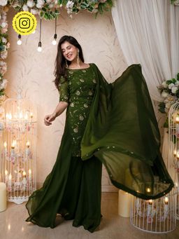 Label Shaurya Sanadhya - Olive Kurta with Palazzo (Set of 3)
