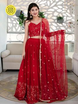 Label Shaurya Sanadhya - Red Daman Work Lehenga (Set of 3)