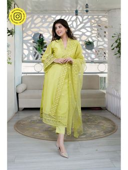 Label Shaurya Sanadhya - Lime Green Kurta with Lace Work (Set of 3)