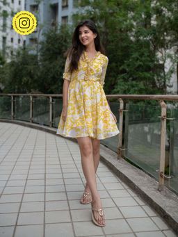 Label Shaurya Sanadhya - Yellow White Floral Short Dress