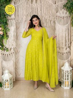 Label Shaurya Sanadhya - Lime Green Embroidery Anarkali (Set of 3)