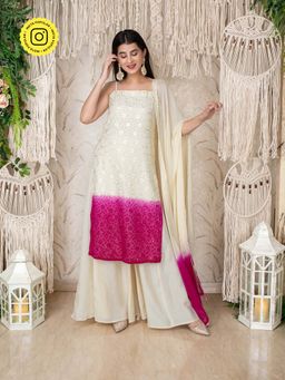 Label Shaurya Sanadhya - Cream & Pink Kali Palazzo (Set of 3)