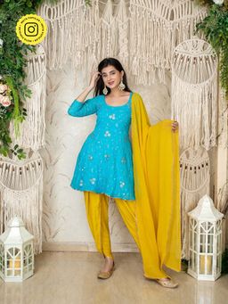 Label Shaurya Sanadhya - Turquoise Yellow Tulip Dhoti (Set of 3)