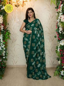 Label Shaurya Sanadhya - Green Sequin And Thread Work Saree with unstiched blouse