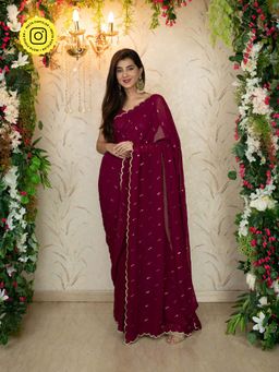 Label Shaurya Sanadhya - Burgandy Saree With Blouse Piece with unistiched blouse
