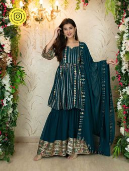 Label Shaurya Sanadhya - Teal Blue Peplum Kurta with Sharara (Set of 3)