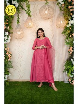 Label Shaurya Sanadhya - Blush Pink Gathered Long Kurta (Set of 3)