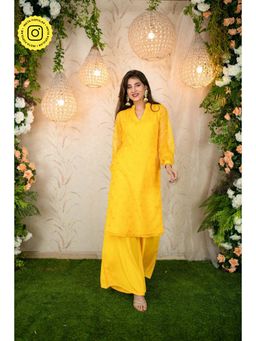 Label Shaurya Sanadhya - Yellow Mirror Work Organza Kurta with Palazzo (Set of 2)
