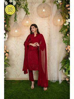 Label Shaurya Sanadhya - Dark Red Thread Work Kurta (Set of 3)