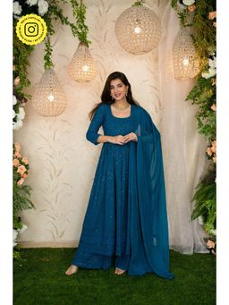 Label Shaurya Sanadhya - Teal Blue Anarkali with Palazzo (Set of 3)
