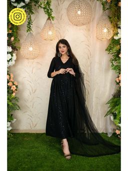 Label Shaurya Sanadhya - Black Thread Work Anarkali (Set of 3)