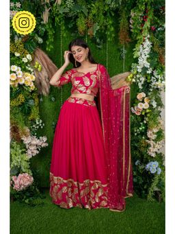 Label Shaurya Sanadhya - Rani Pink Leaf Daman Lehenga (Set of 3)