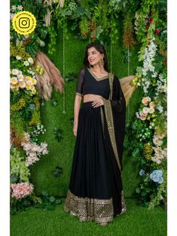 Label Shaurya Sanadhya - Black And Golden Daman Lehenga (Set of 3)