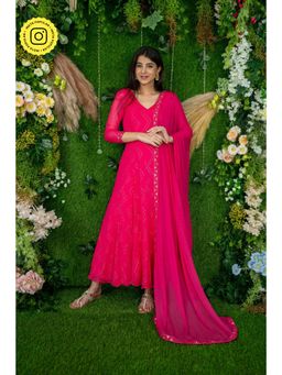 Label Shaurya Sanadhya - Pink Thread Work Anarkali (Set of 3)
