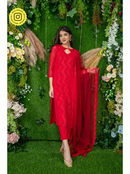 Label Shaurya Sanadhya - Red Thread Work Kurta (Set of 3)