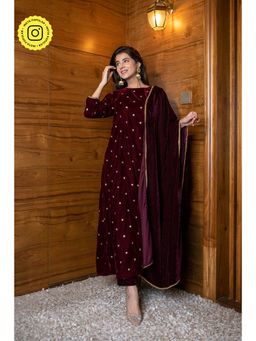Label Shaurya Sanadhya - Maroon Velvet A Line Kurta (Set of 3)