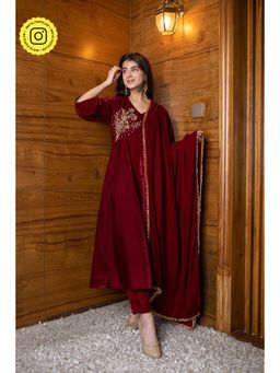 Label Shaurya Sanadhya - Maroon Velvet Hand Work Kurta (Set of 3)