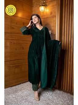 Label Shaurya Sanadhya - Bottle Green Velvet A Line Kurta (Set of 3)