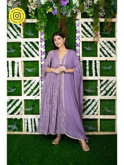 Label Shaurya Sanadhya - Violet Gold Thread Work Anarkali (Set of 3)