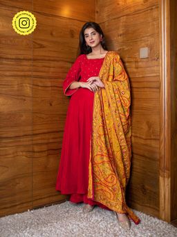 Label Shaurya Sanadhya - Red Velvet Anarkali And Pant With Dupatta (Set of 3)