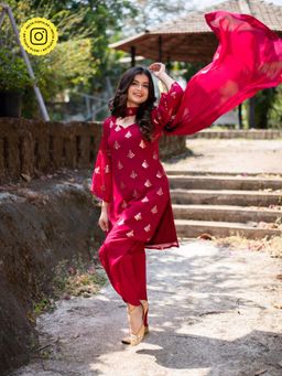 Label Shaurya Sanadhya - Red Sequin Kurta With Patialla And Dupatta (Set of 3)