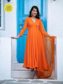 Label Shaurya Sanadhya - Orange Anarkali Kurta With Pant And Dupatta (Set of 3)
