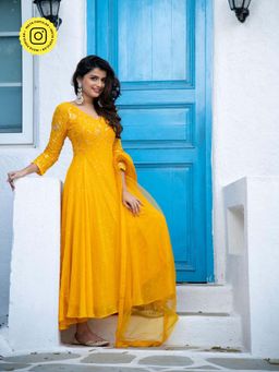Label Shaurya Sanadhya - Mustard Anarkali Kurta With Pant And Dupatta (Set of 3)
