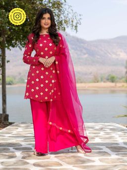 Label Shaurya Sanadhya - Pink Sequin Kurta With Palazzo And Dupatta (Set of 3)