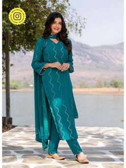 Label Shaurya Sanadhya - Teal Sequin Kurta With Pant And Dupatta (Set of 3)