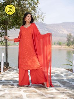 Label Shaurya Sanadhya - Orange Thread Work Long Kurta With Palazzo And Dupatta (Set of 3)