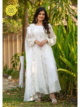 Label Shaurya Sanadhya - White Sequin Kali Anarkali Kurta With Pant And Dupatta (Set of 3)