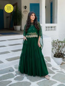 Label Shaurya Sanadhya - Bottle Green Cape With Top And Skirt (Set of 3)